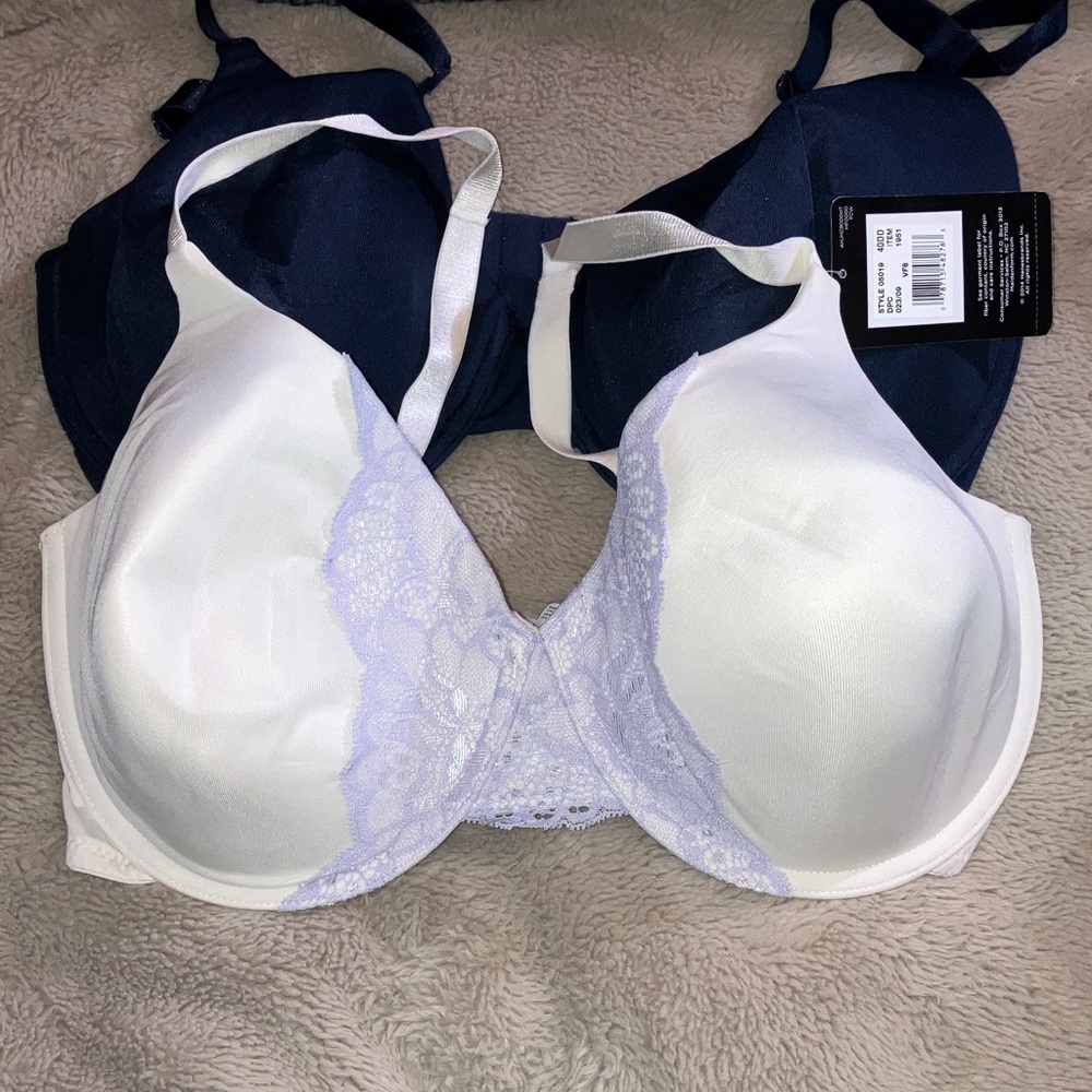 NWT Maidenform Extra Coverage White and Navy Lace Bra Set, 40DD